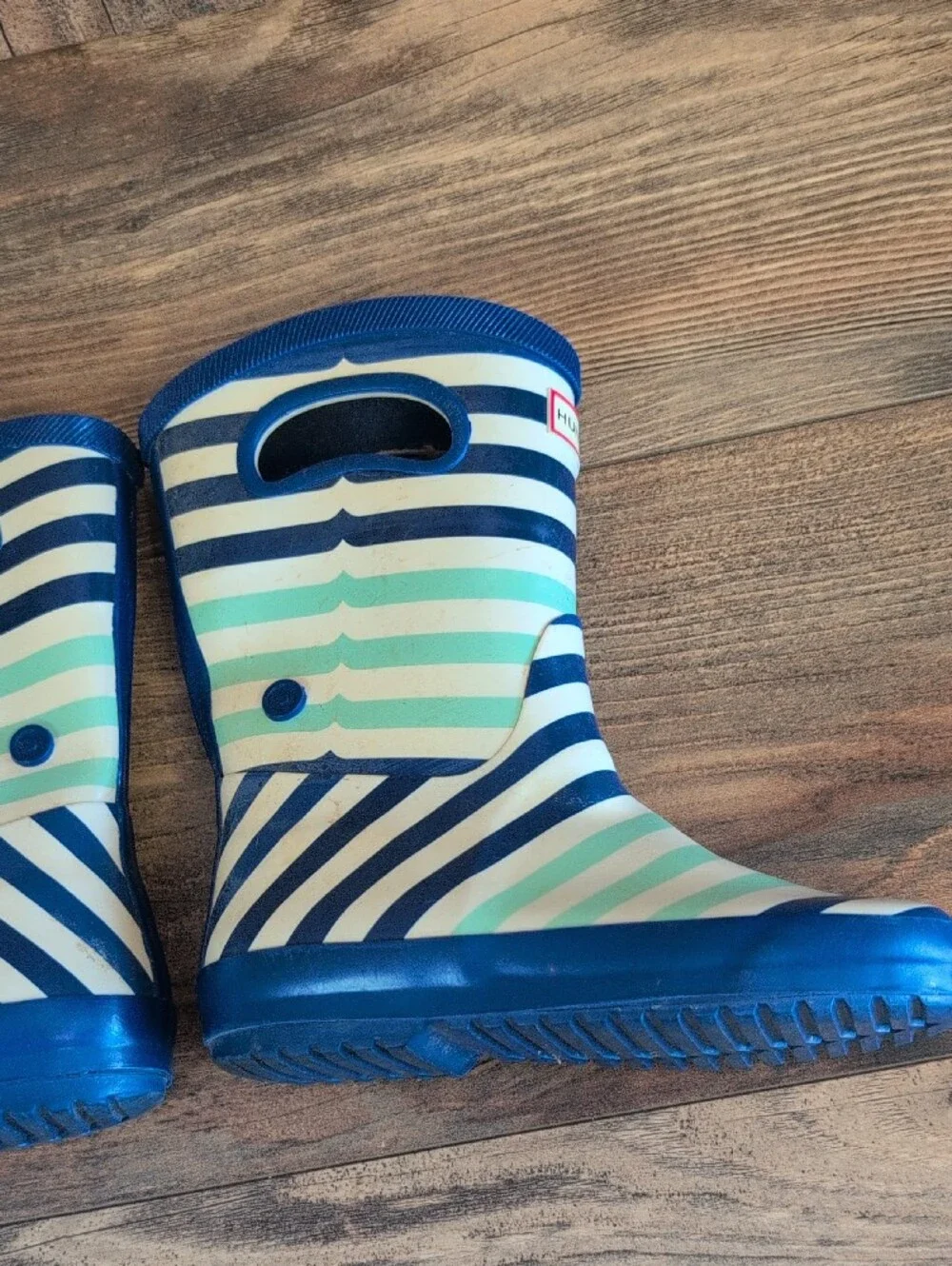 Hunter Kids Navy and Mint Striped Rain Boots Kids 11     619A