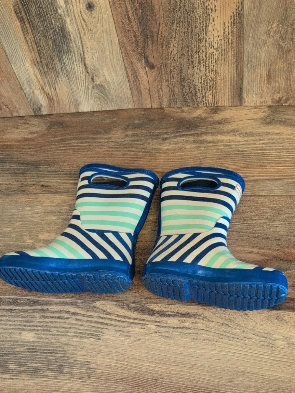 Hunter Kids Navy and Mint Striped Rain Boots Kids 11     619A