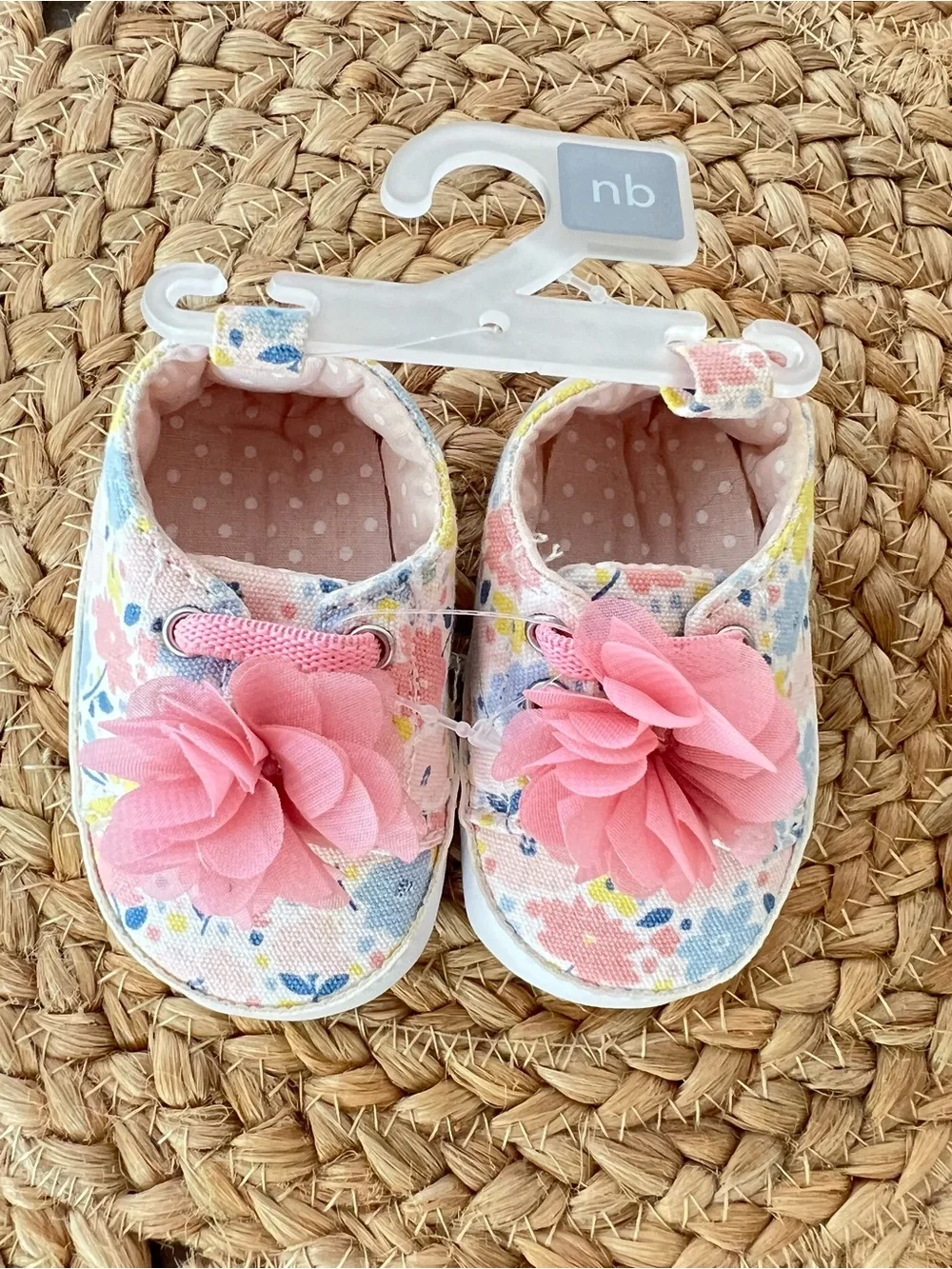 Baby Girl Floral Canvas Crib Shoes with Pink Flower Accent, Newborn NWT