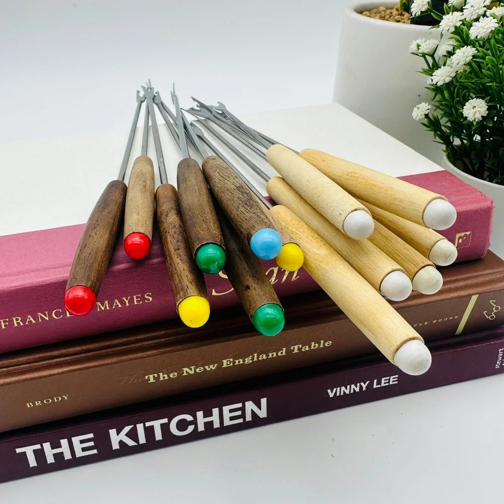 Vintage Mixed Wood Handle Fondue Forks Lot of 13 Mid Century MCM Skewers