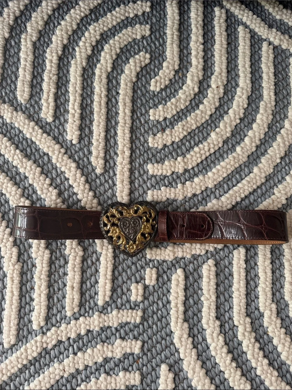 Vintage Streets Ahead Leather Belt Rare Openwork Face Buckle Brown Croc Embossed