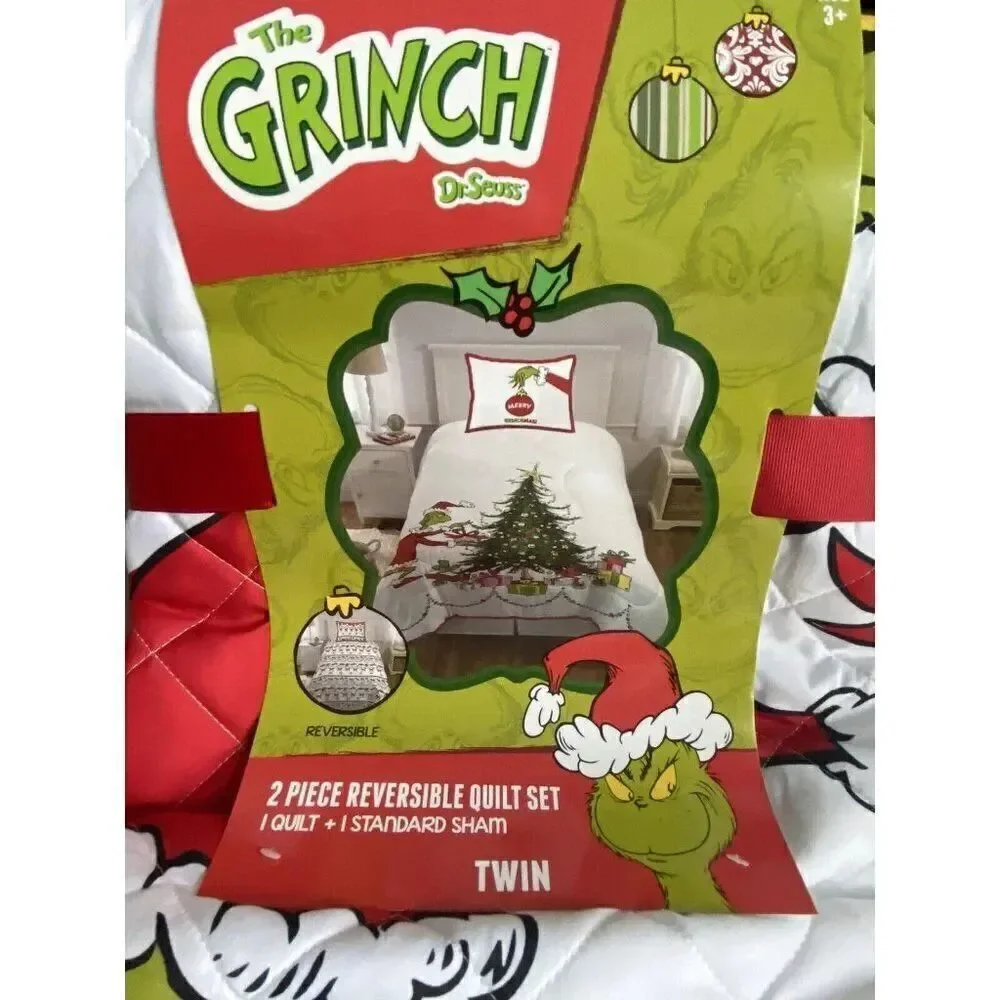 2 Piece Dr Seuss The Grinch Quilt Set TWIN Size Reversible Bedding Christmas NEW