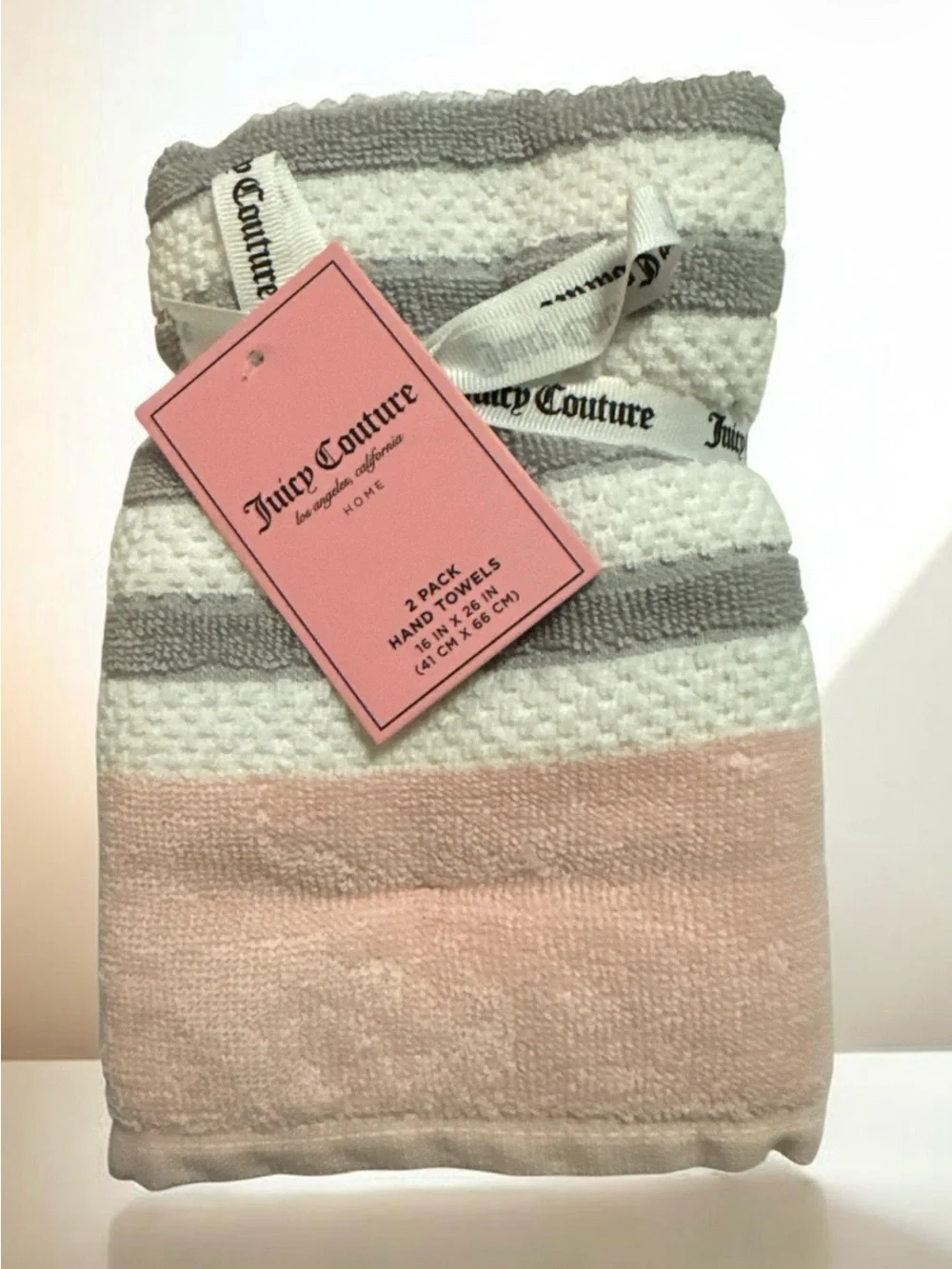Juicy Couture Pink, White & Gray Striped Hand Towels