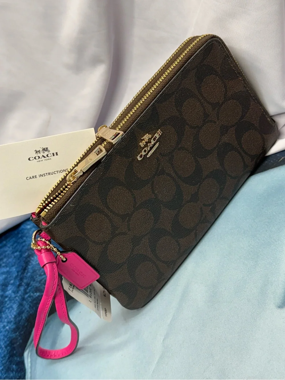 (new+tag) Coach Double-Zip Wristlet Brown Signature Monogram - Pink Wrist Strap