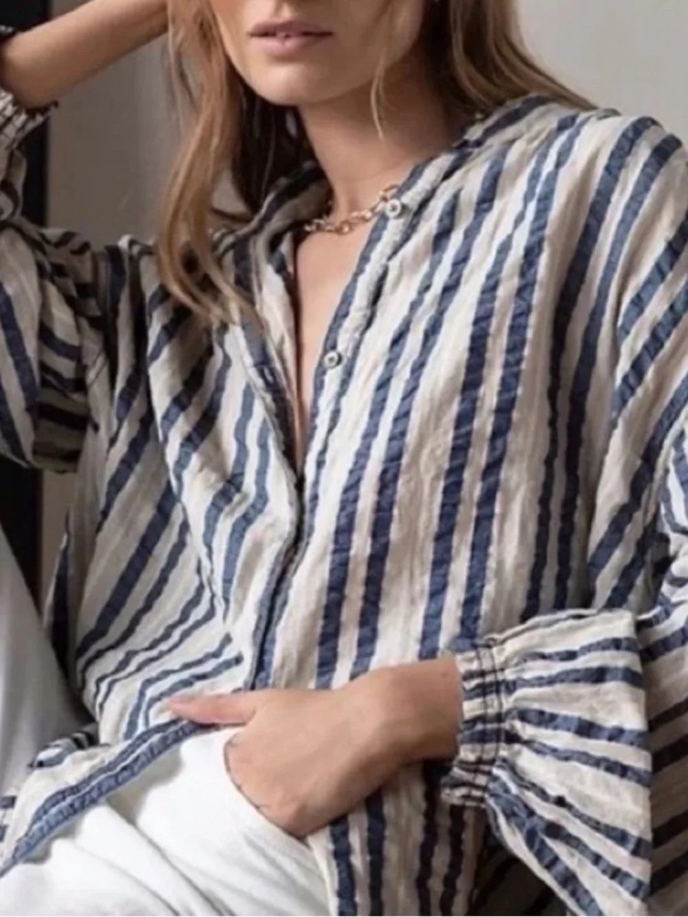 We the Free Set Sail Balloon Sleeve Blouse Size Small Striped Blue Gray