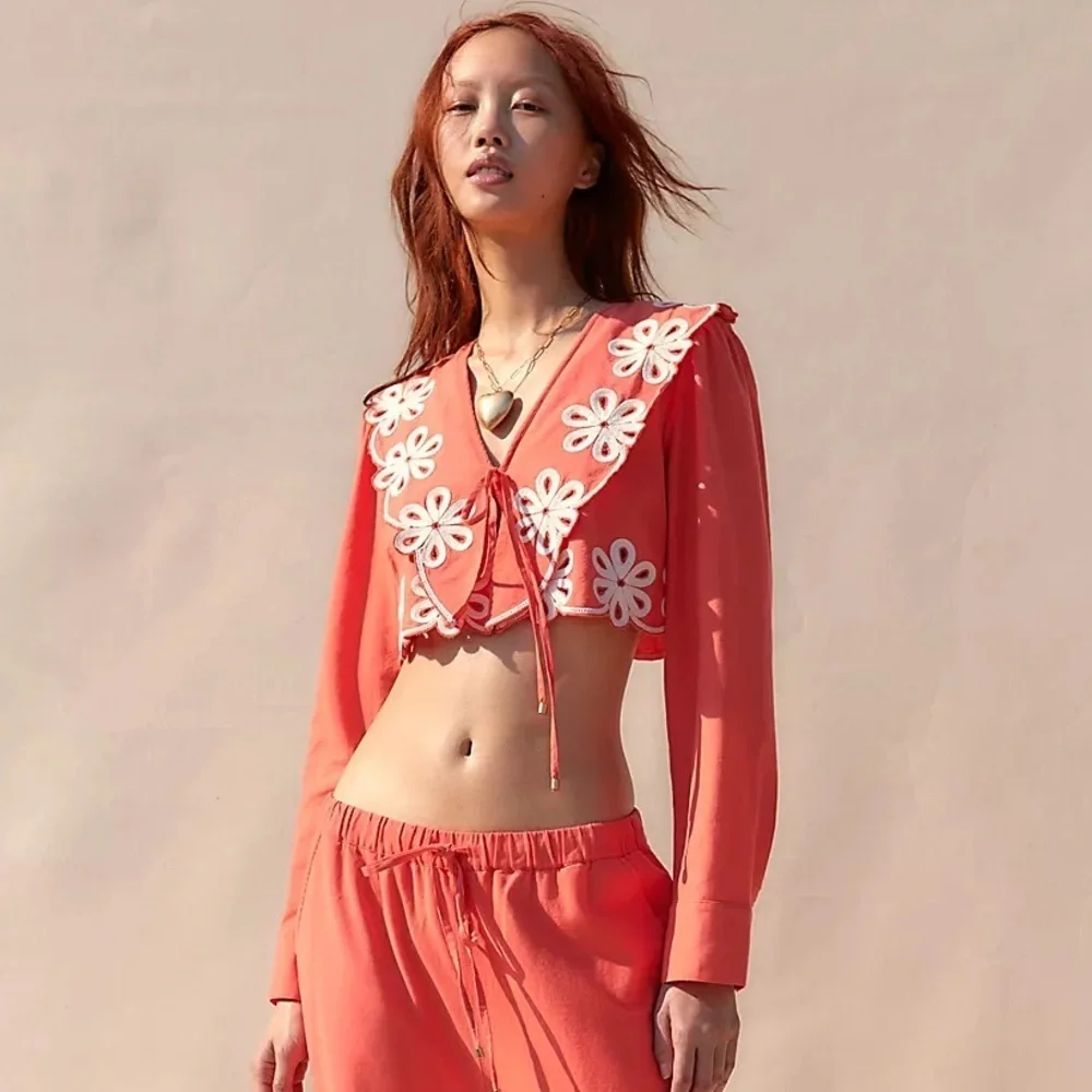 Free People Amina Coord Matching Set Embroidered Tie Front NWT