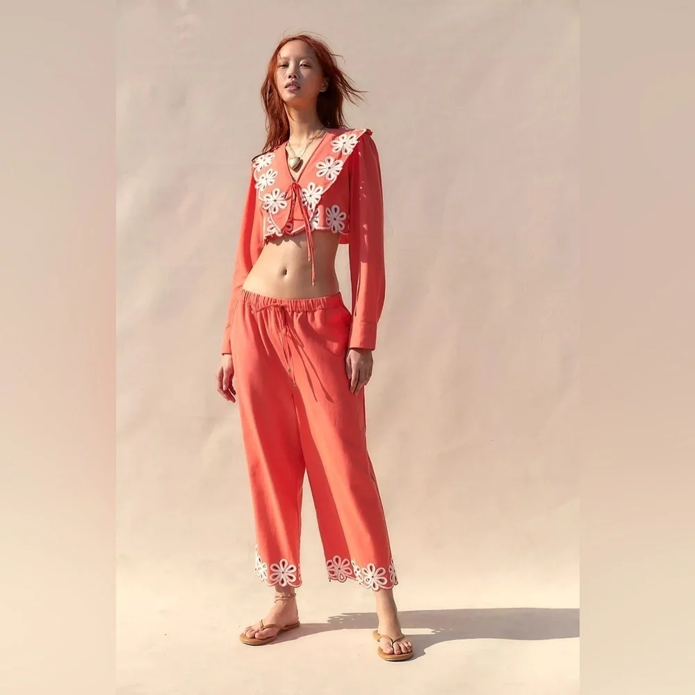Free People Amina Coord Matching Set Embroidered Tie Front NWT