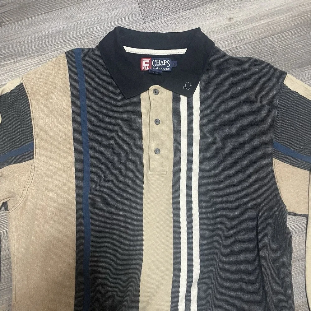 VTG 90s Chaps RALPH LAUREN Sz L Long Sleeve Striped Polo Shirt Knit Gorpcore