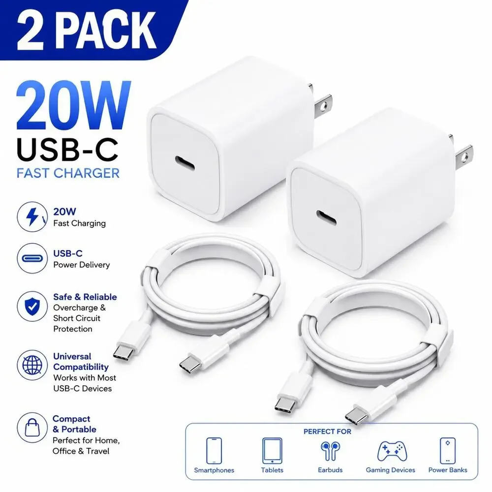 2PACK 20W USB-C Fast Charger Adapter PD 3.0 Adapter for iPhone Samsung Adapte3