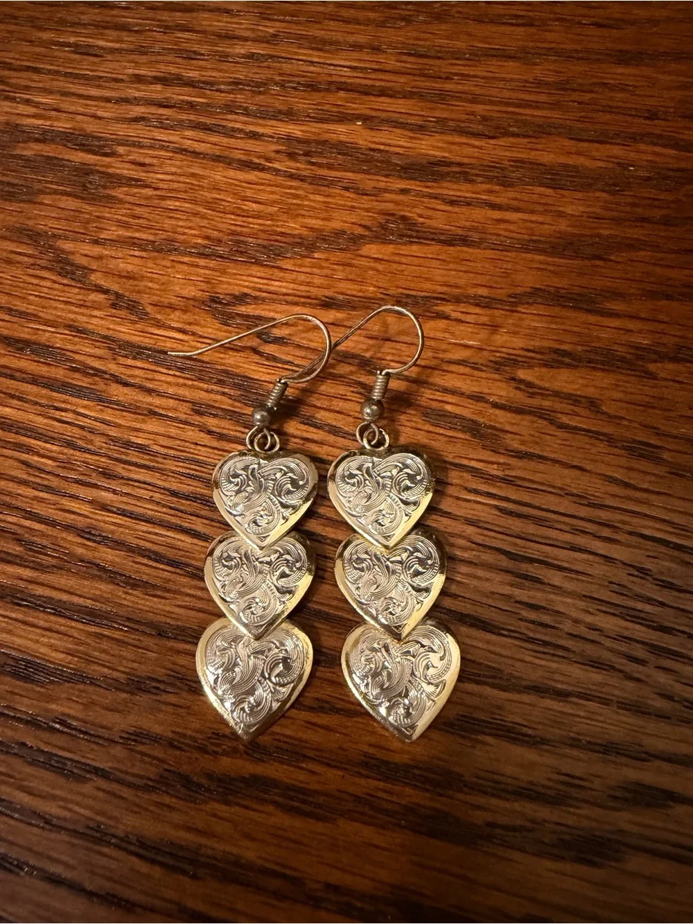 Vintage Gold Heart Drop Earrings - Three-Tier Filigree Hearts