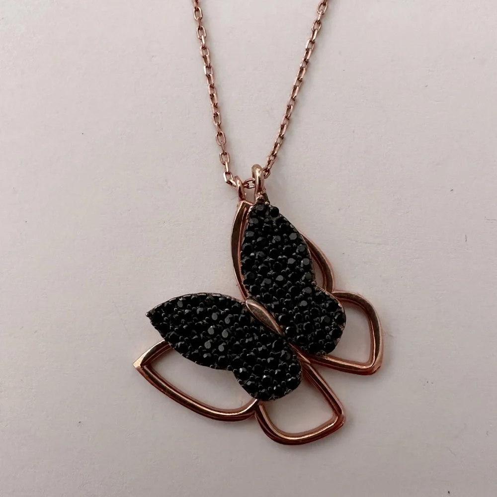 925 Silver butterfly necklace black zirconia cz stones 14k rose gold plated