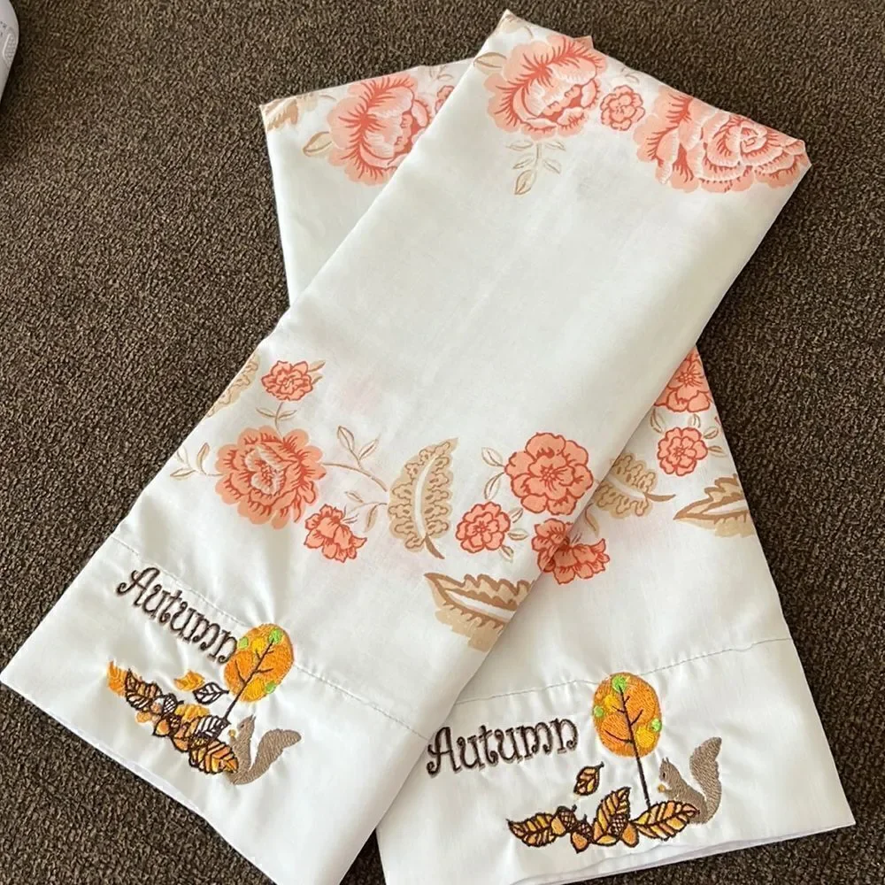 Set 2 Custom Autumn Embroidered White with Red/Brown Floral Accent Pillowcases