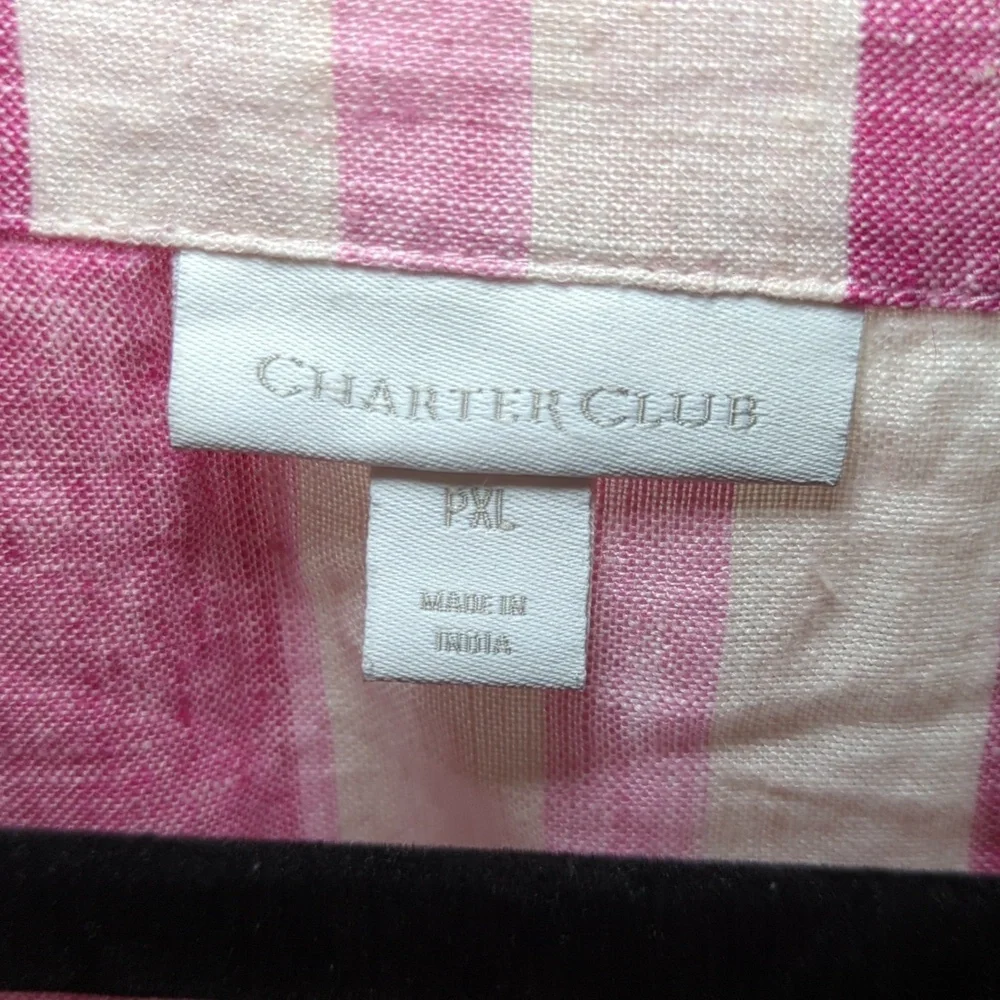 Charter Club 100% Linen Blouse Pink + White Striped 3/4 Sleeve Ruffle Size PXL