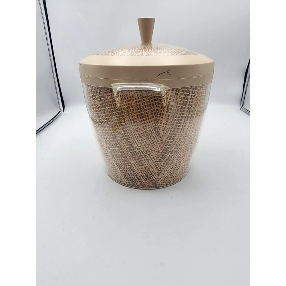 Vintage Mid Century Modern Insulated Ice Bucket Burlap Woven‎ Texture Tan Lid