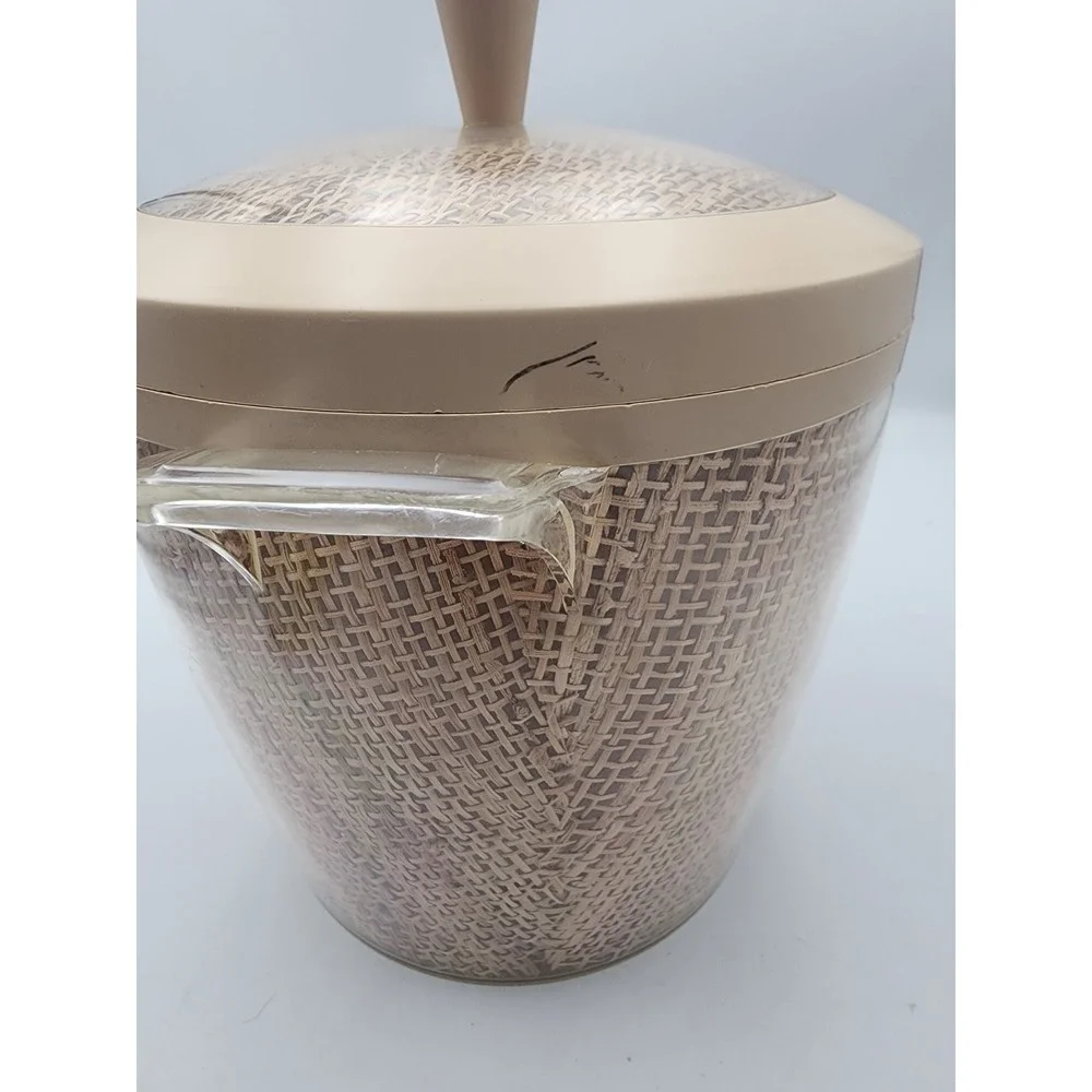 Vintage Mid Century Modern Insulated Ice Bucket Burlap Woven‎ Texture Tan Lid