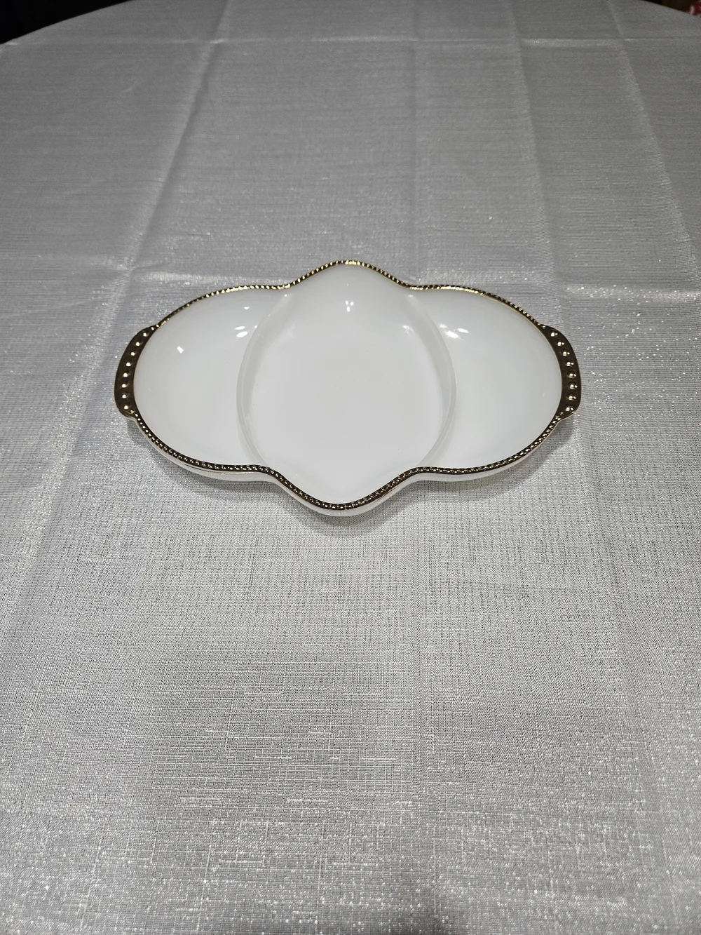 Fire King Milk Glass Divided Serving Dish with Gold Trim