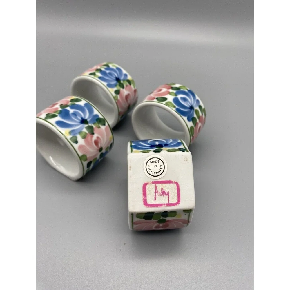 Set Of Four Vintage Audrey Floral Ceramic Napkin‎ Rings