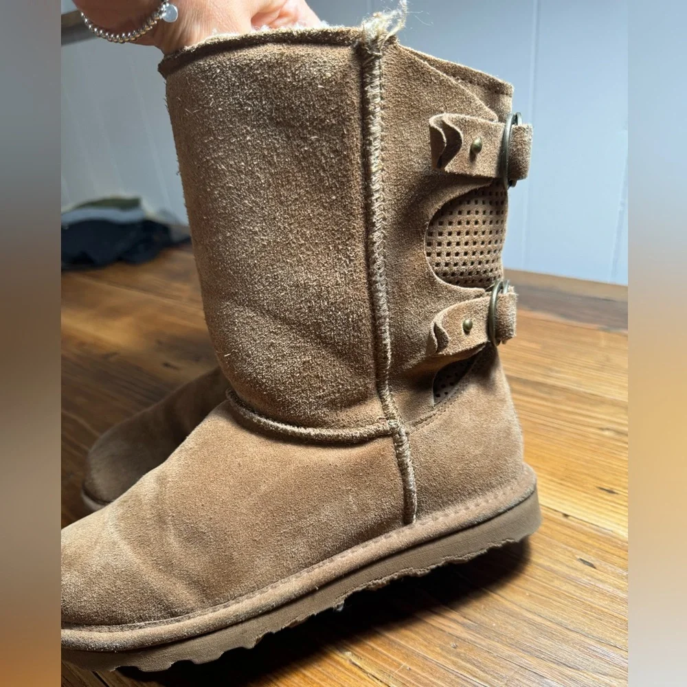 Bearpaw Womens Clara Suede Hickory Sheepskin Mid Height Cozy Winter Boots Size 8