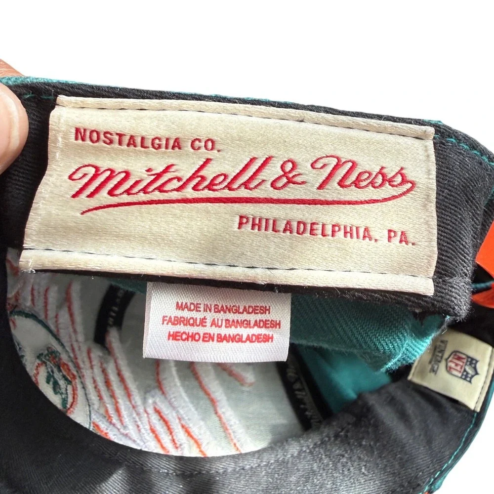Mitchell Ness Miami Dolphins NFL Snapback Hat Teal Orange Script Logo Helmet Men