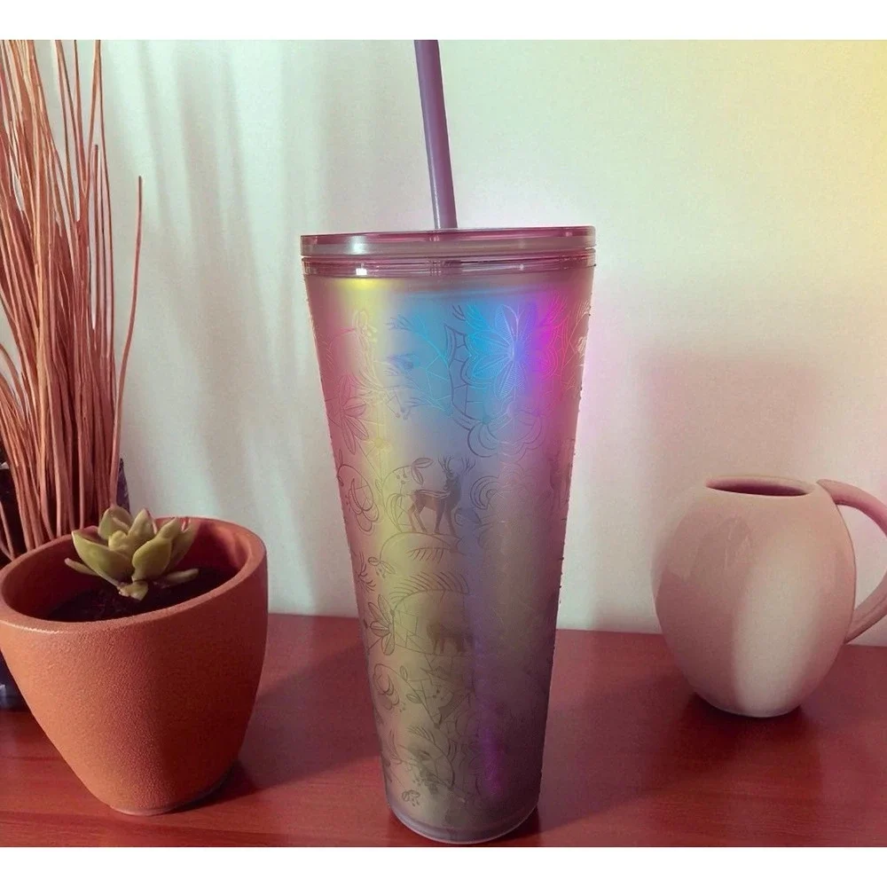 Starbucks 2022 Holiday Woodland‎ Light Pink Tumbler 24 oz Deer Iridescent Lace