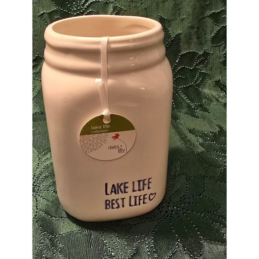 Debi Lilly Lake Life Best Life Mason Jar Ceramic Vase Holder Decor‎ Navy Text