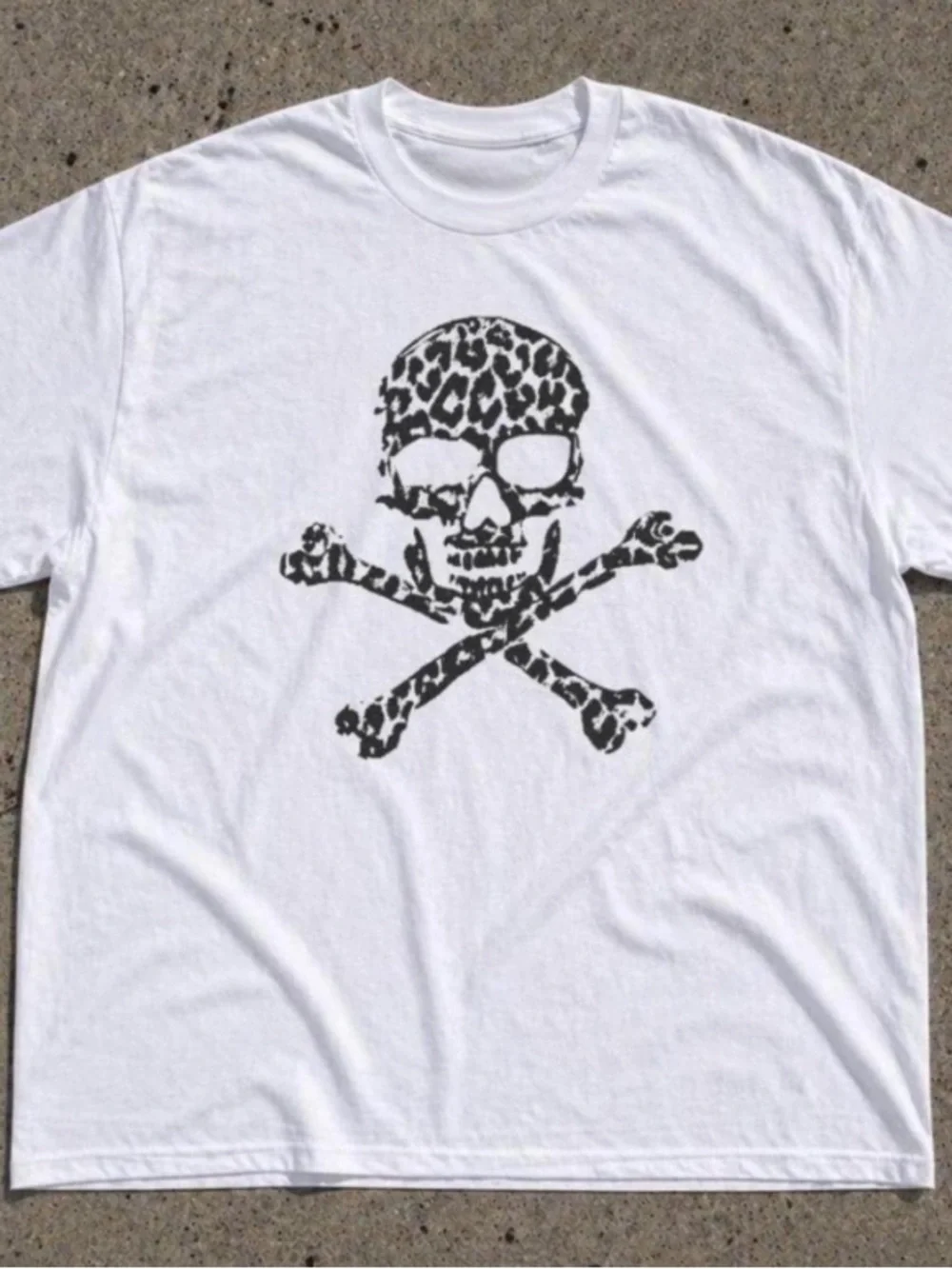Leopard print cross skull retro printed white T-shirt