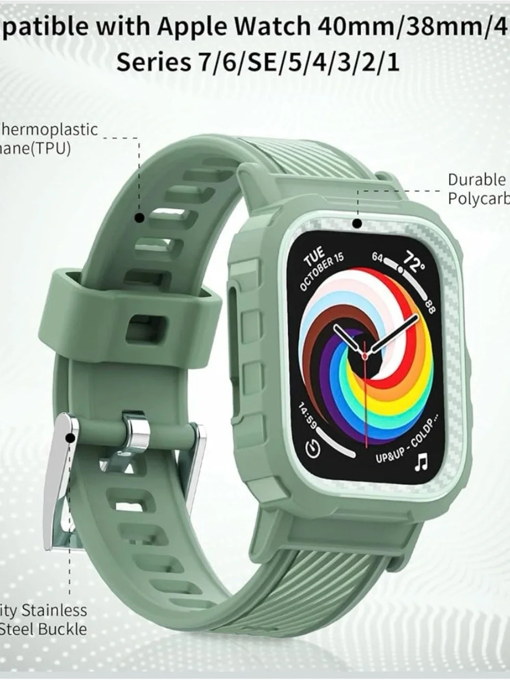 Rugged Protective Smartwatch Case in Mint Green Silicone Band