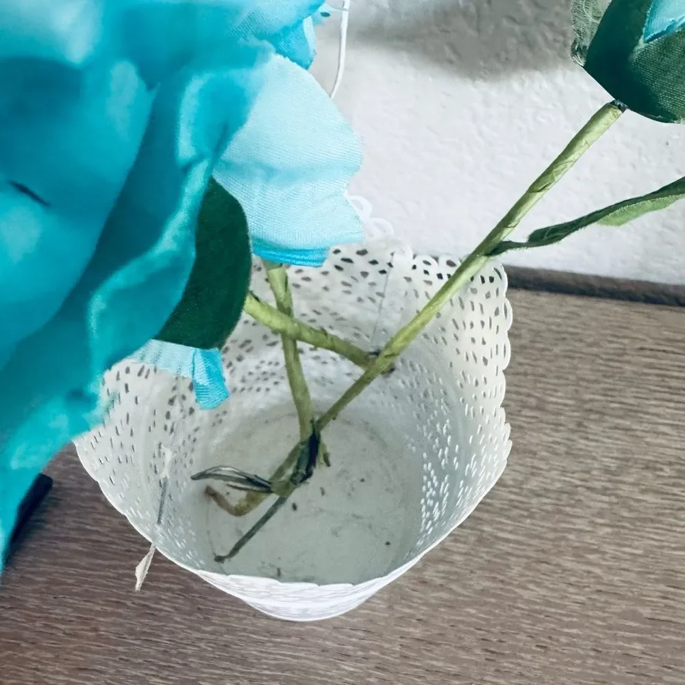 Turquoise Blue Floral Peony White Lace Vase Arrangement