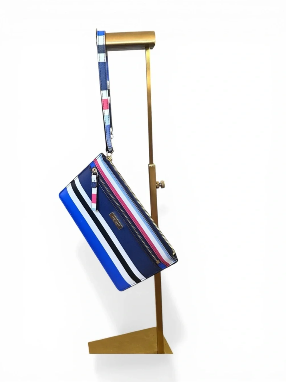 Kate Spade Striped Saffiano Leather Wristlet Blue Multi Zip Pouch Clutch NWOT