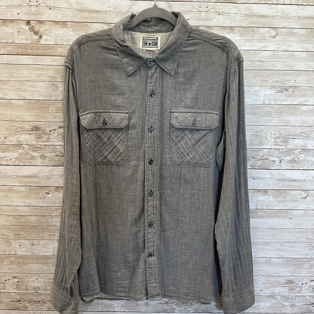 Converse Mens L Shirt‎ One Star Gray Button Up Pockets Long Sleeve 100% Cotton