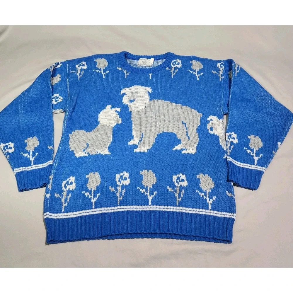 Vintage College Point Old English Sheepdog Acrylic Knit Sweater‎ Dog Show Medium
