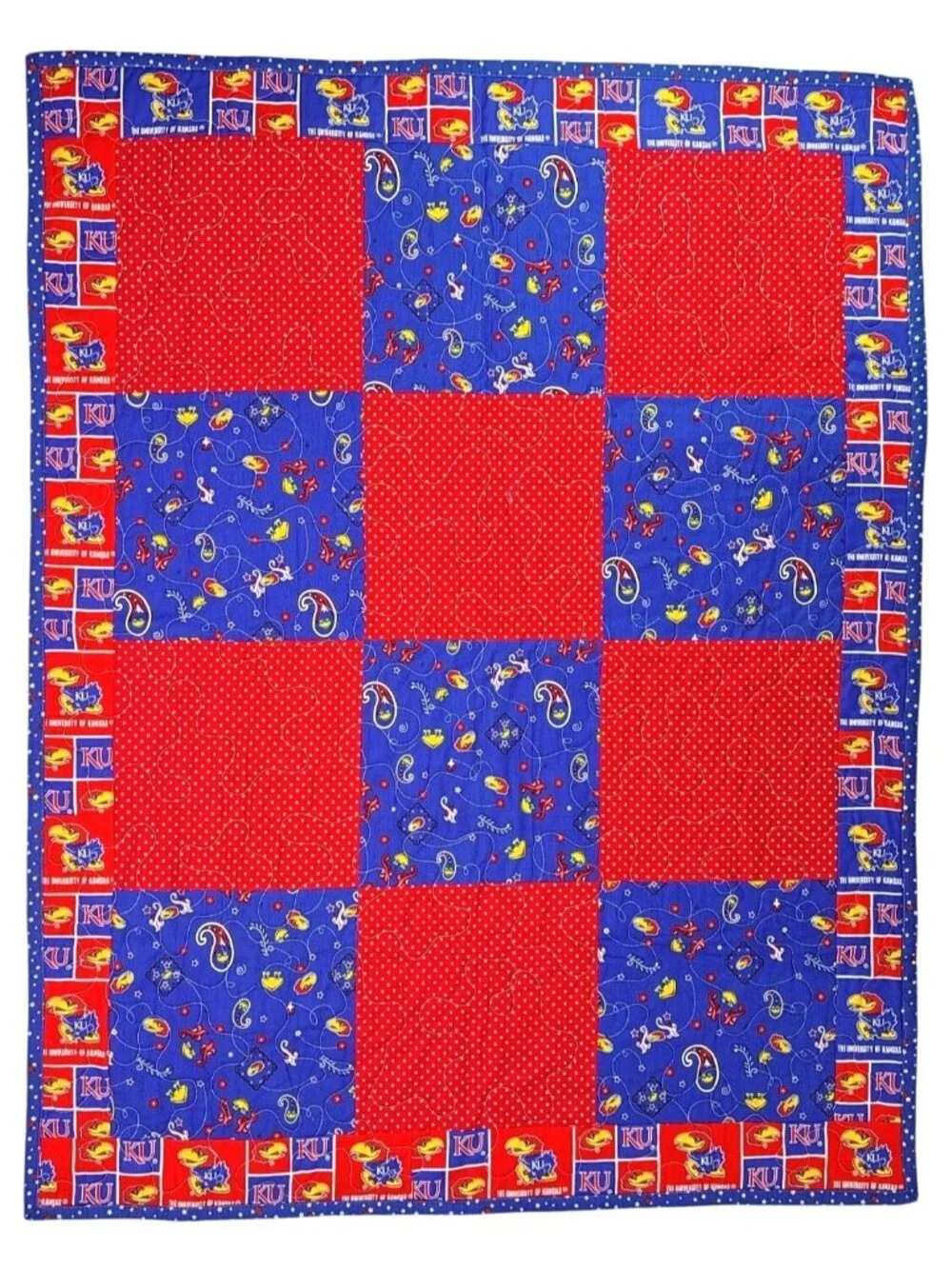 University Of Kansas Jayhawk KU Handmade Patchwork Baby Quilt Red Blue 39