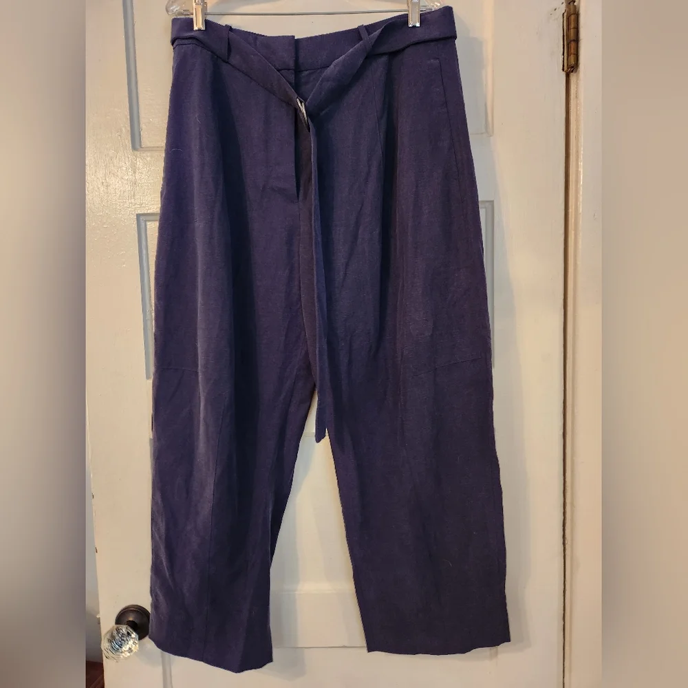 BANANA REPUBLIC Pants Linen-Blend, Wide-Leg, High Rise, Navy, Belted Size 14 NWT