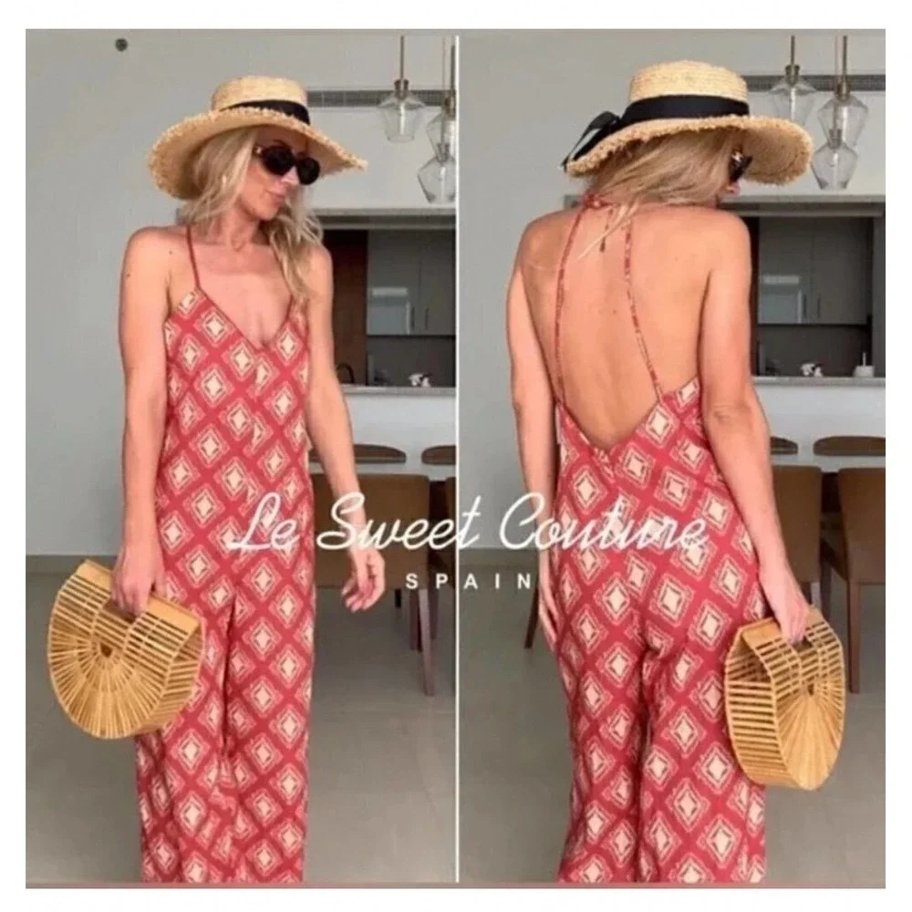 Zara The Jami Jumpsuit V-Neck Open Back Wide Leg Terracotta Print Small‎ NWT