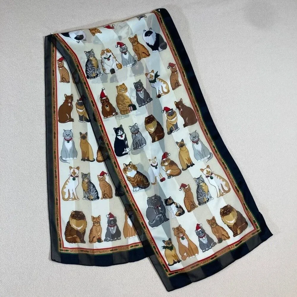 Vintage Christmas Cat Meow Neck Scarf Polyester‎ Santa Hats 57in. X 13in.