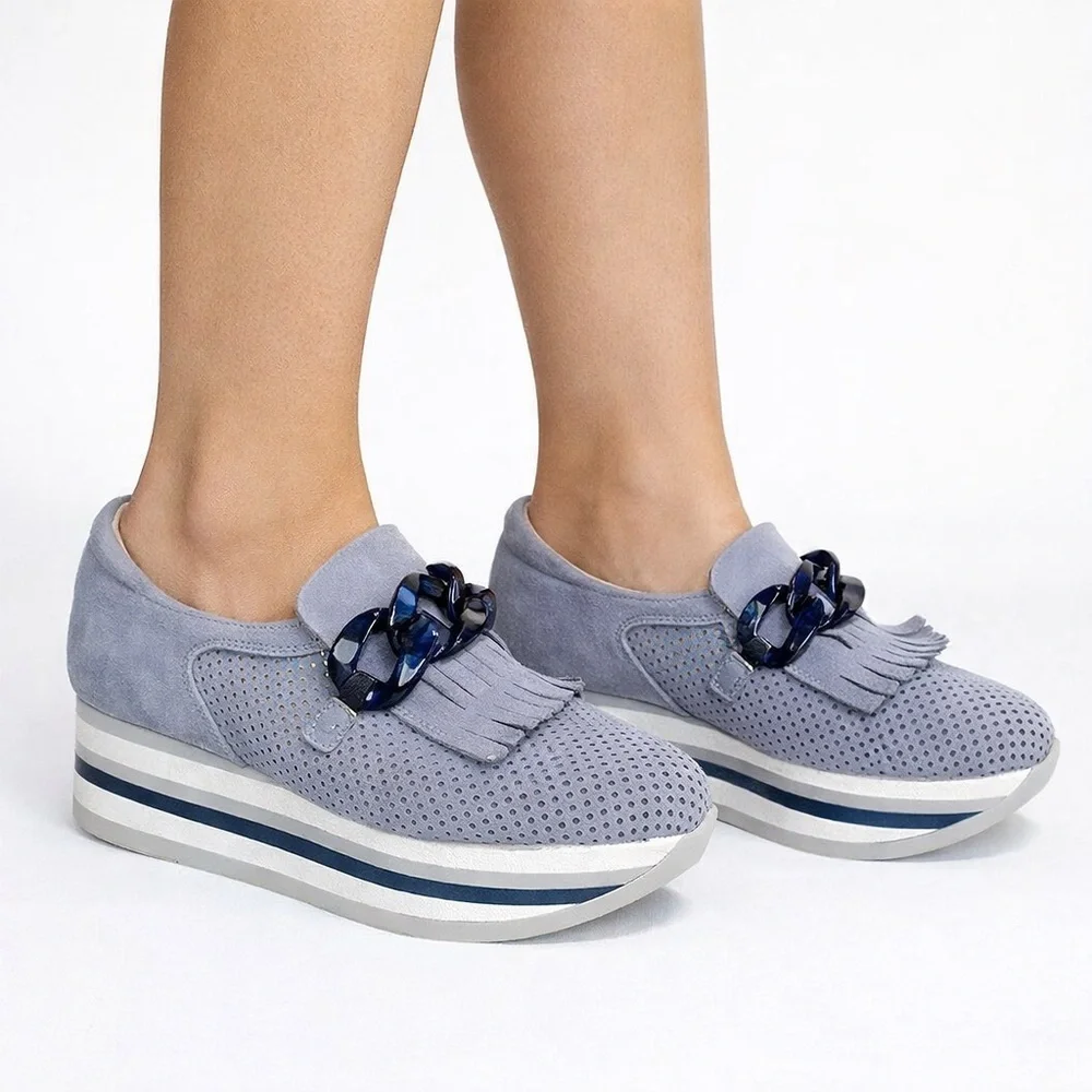 Softwaves Cadie Slip On Platform Loafers Blue Suede Comfort Shoes 37.5