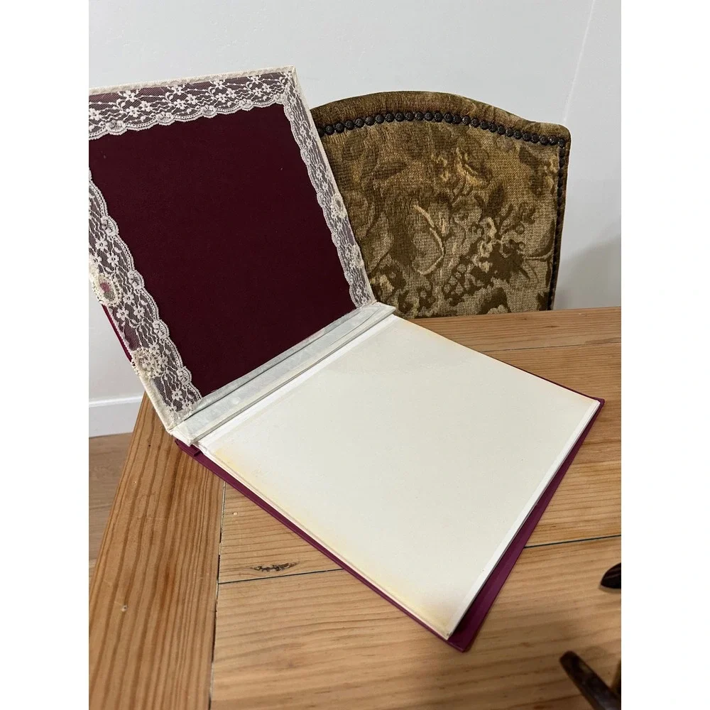 Vintage Cottagecore Padded Fabric Photo Album Lace & Burgundy Large Memory‎ Book