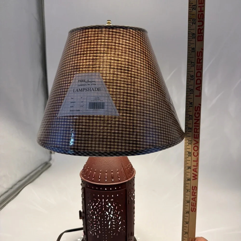Vintage Primitive Punched Tin Willow Tree Table Lamp W/Homespun Check Shade