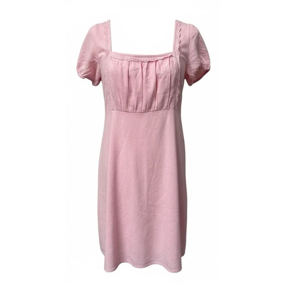 Hollister‎ Dress XL Milkmaid Puff Sleeve Smocked Short Eyelet Lace Y2K NWT Pink