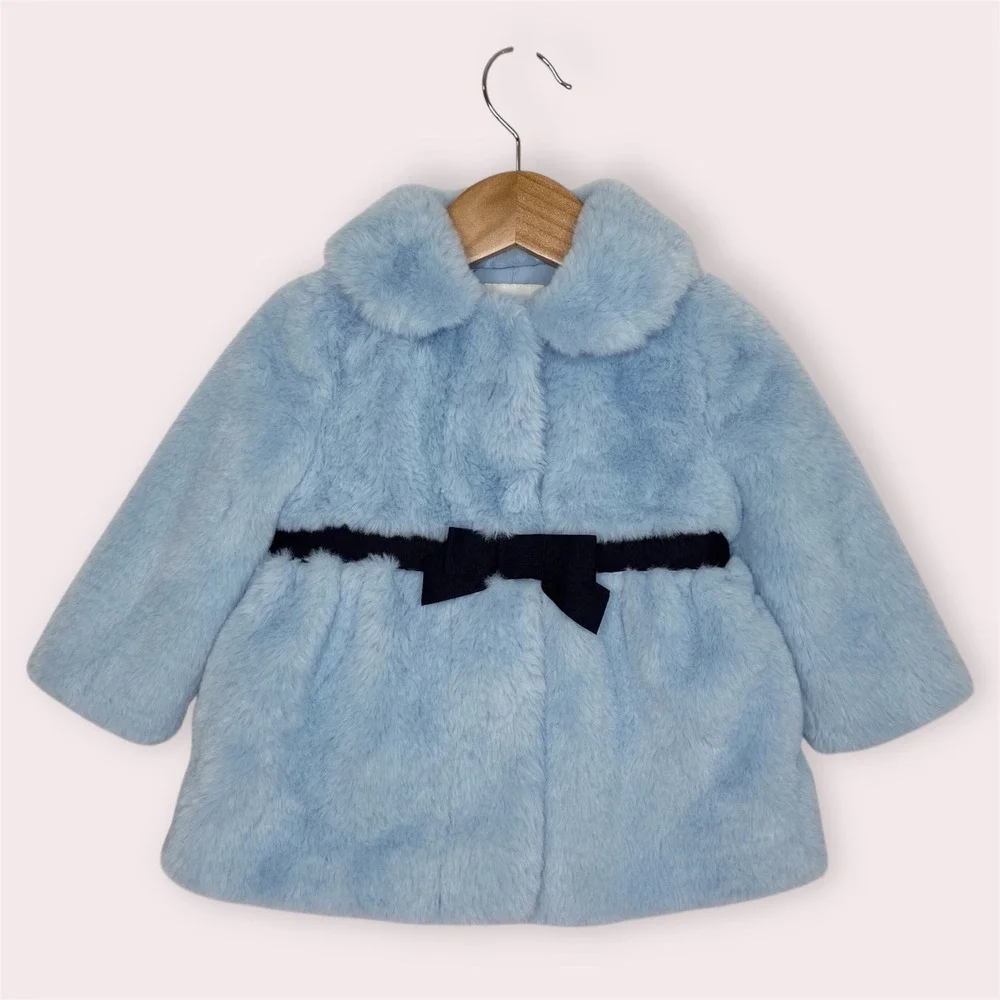 Janie and Jack Faux Fur Coat Ice Blue w/ Navy Bow Dressy Outerwear 12-18‎ months