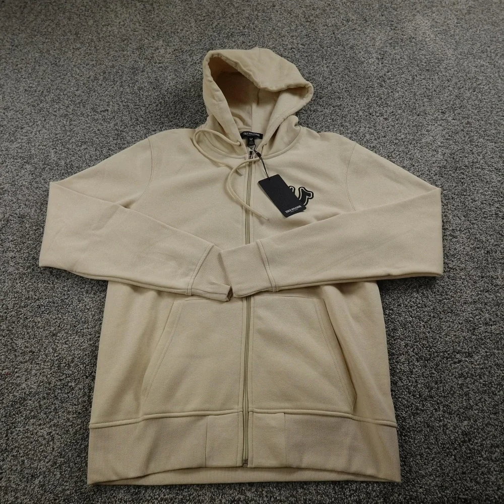 NEW True Religion Hoodie Mens L Beige Buddha Full Zip‎ Sweatshirt Sweater Jacket