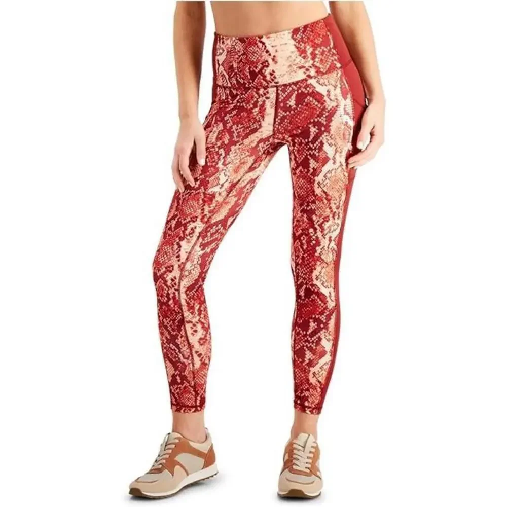 Ideology Women's Snakeskin-Print Pull-On High-Rise 7/8 Leggings Red S