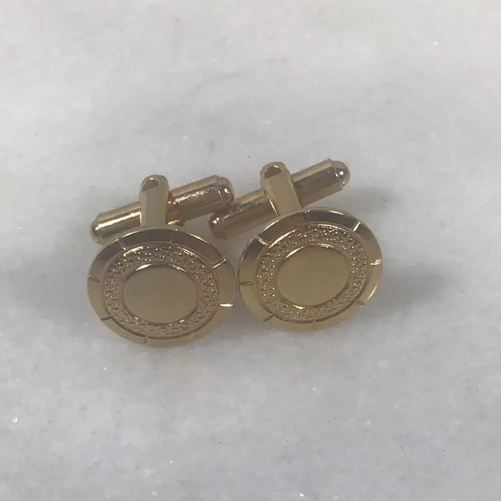 Vintage Gold Tone Round Dotted Border Engravable Cufflinks Retro MCM 3/4