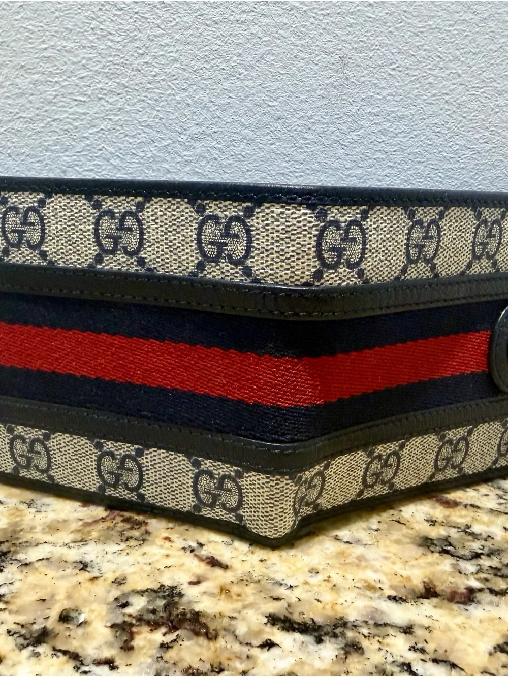 Gucci Beige GG Canvas Wallet with Navy & Red Stripe and Silver GG