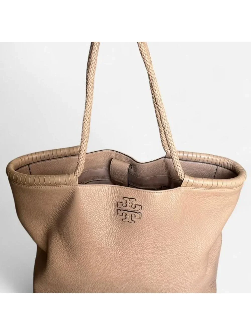 Tory Burch Taylor Beige/Light Pink Leather Tote Bag Braided Handles Classic Chic