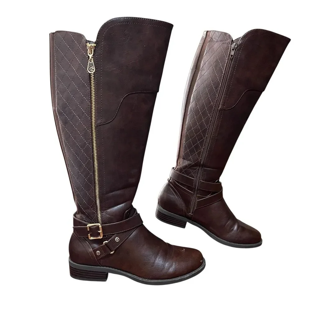 GBG Guess Boots Women's 7.5 Brown Knee High Riding Equestrian Wide Calf Buckle