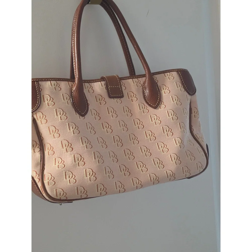 Dooney & Bourke Signature Monogram Beige Canvas Satchel Bag Brown Leather Trim