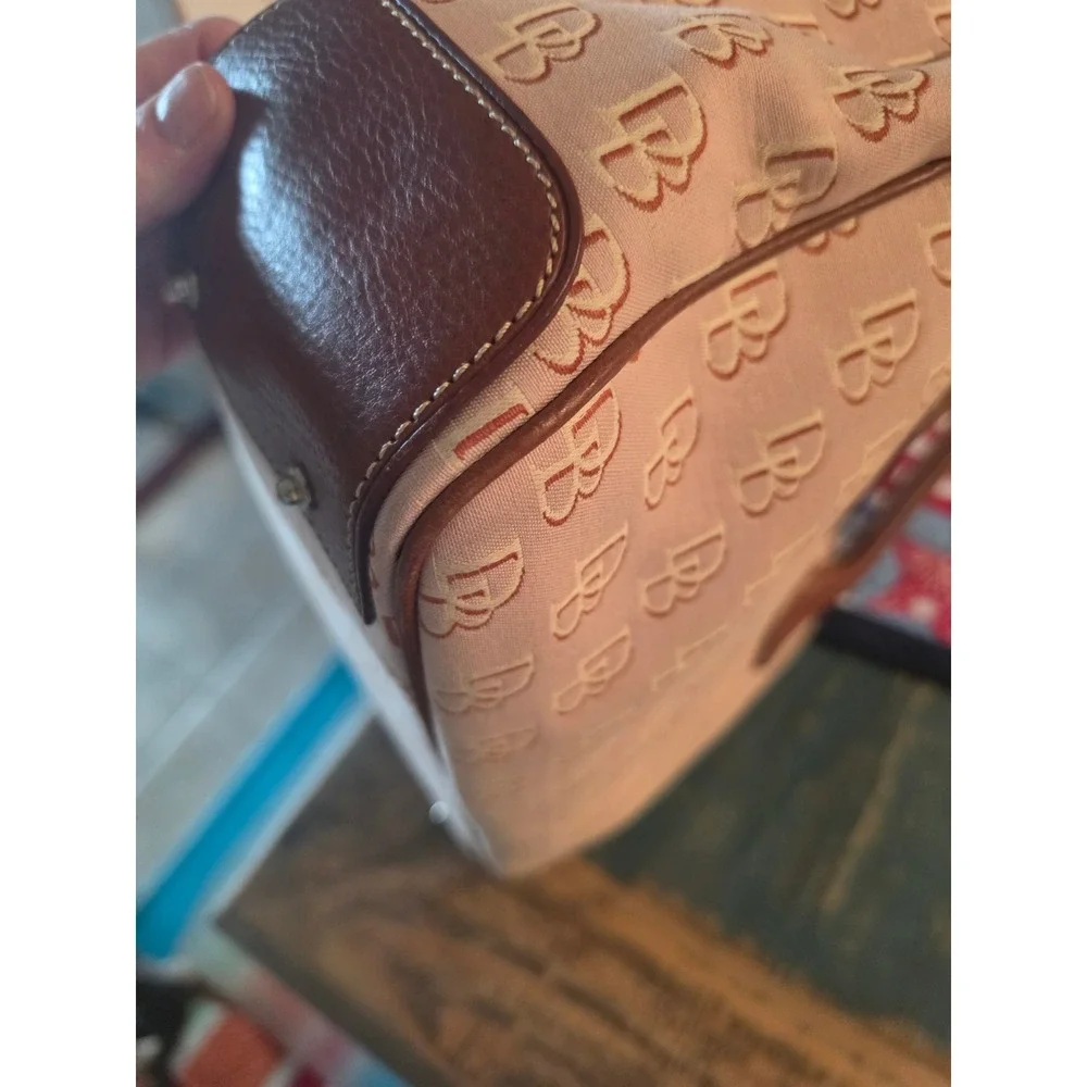 Dooney & Bourke Signature Monogram Beige Canvas Satchel Bag Brown Leather Trim