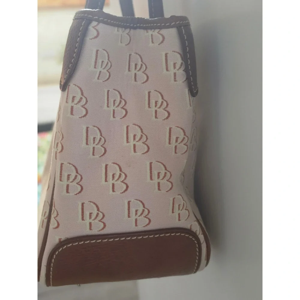 Dooney & Bourke Signature Monogram Beige Canvas Satchel Bag Brown Leather Trim