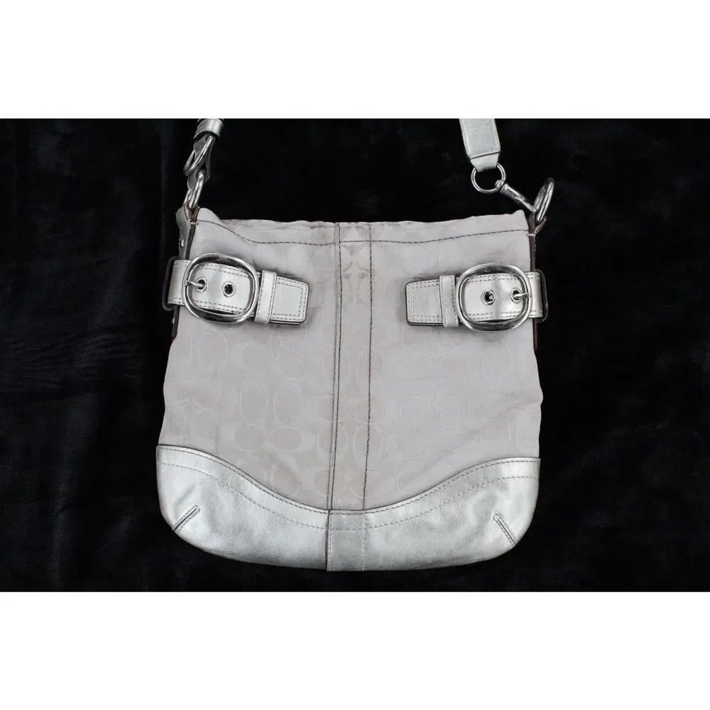 Coach Signature Jacquard Canvas Leather Shoulder Bag F17088 Buckle Silver Y2K